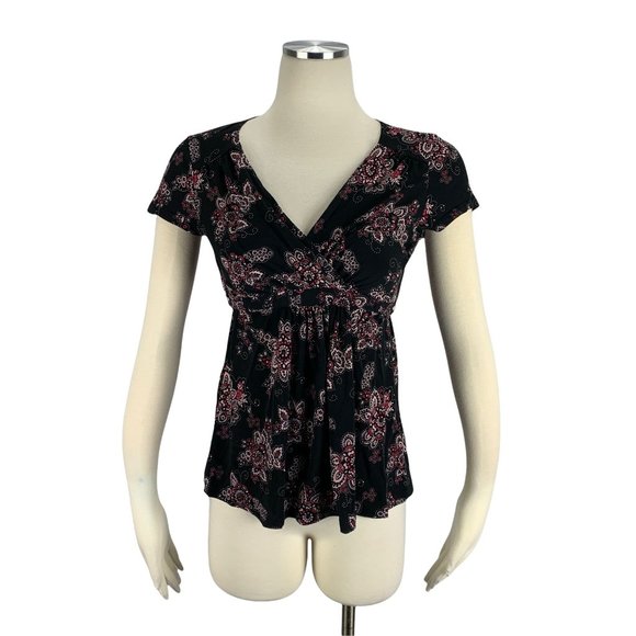 Motherhood Maternity Small Top Black Floral Tie Back Short Sleeve Stretch - Picture 1 of 5